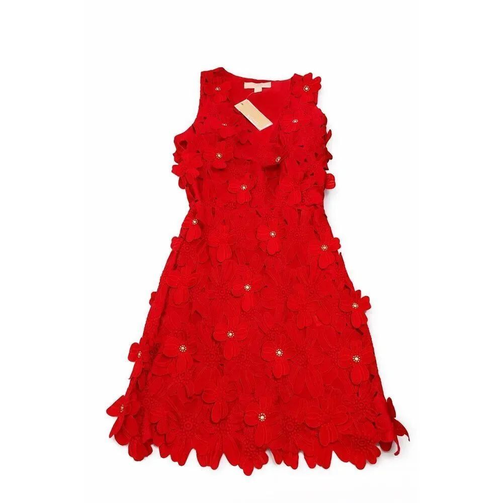 NWT Michael Kors Red Floral Appliqué Lace Dress Women’s Size 00 New